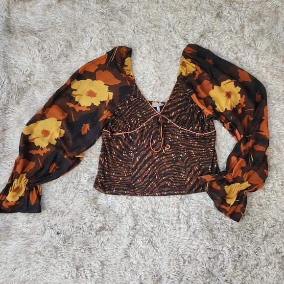 Anthropologie Conditions Apply Zeena Puff Sleeve Blouse‎ Brown Motif Women's XL - Picture 3 of 13